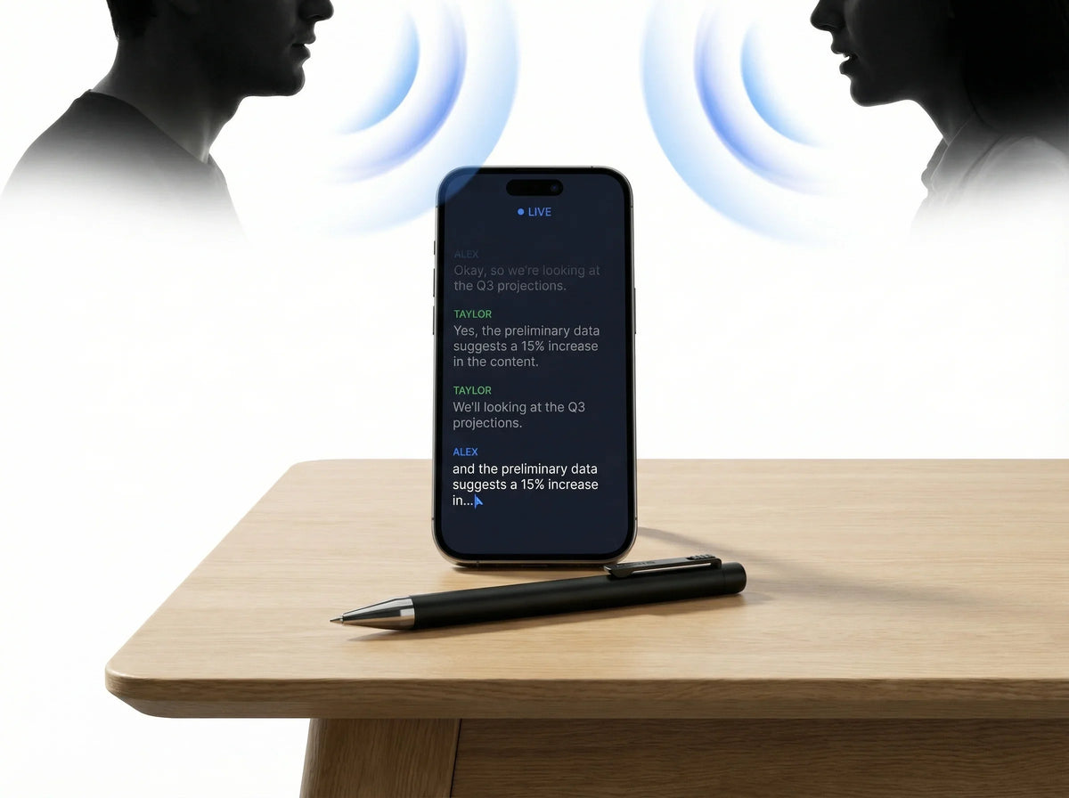 Smart AI note-taking pen on desk with phone transcribing conversation between two people.