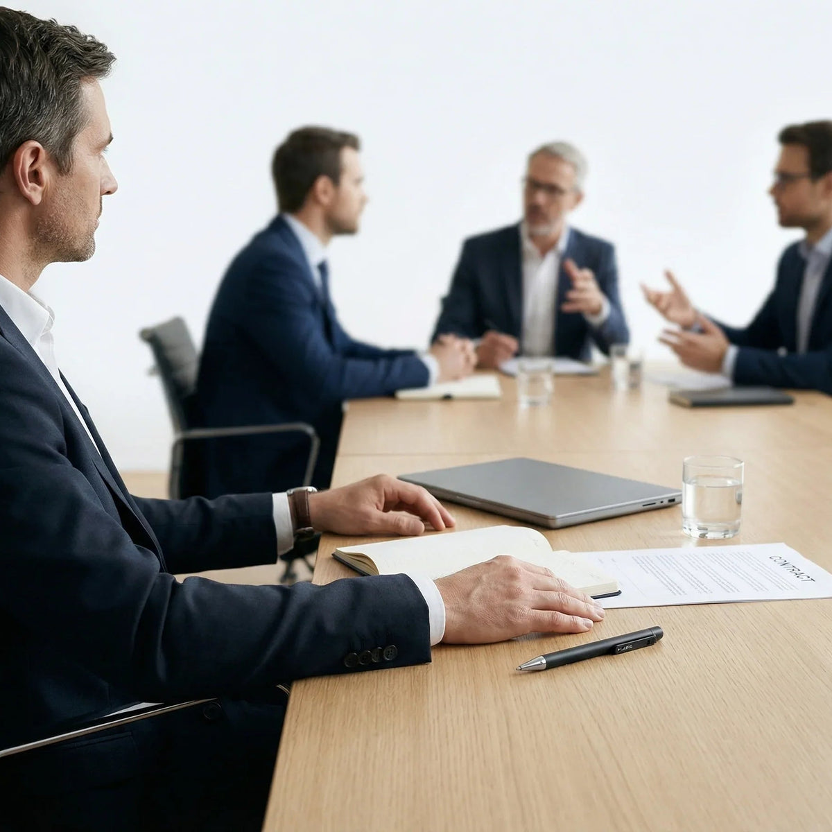 Smart AI note-taking pen on a meeting table with documents, laptop, and people in discussion