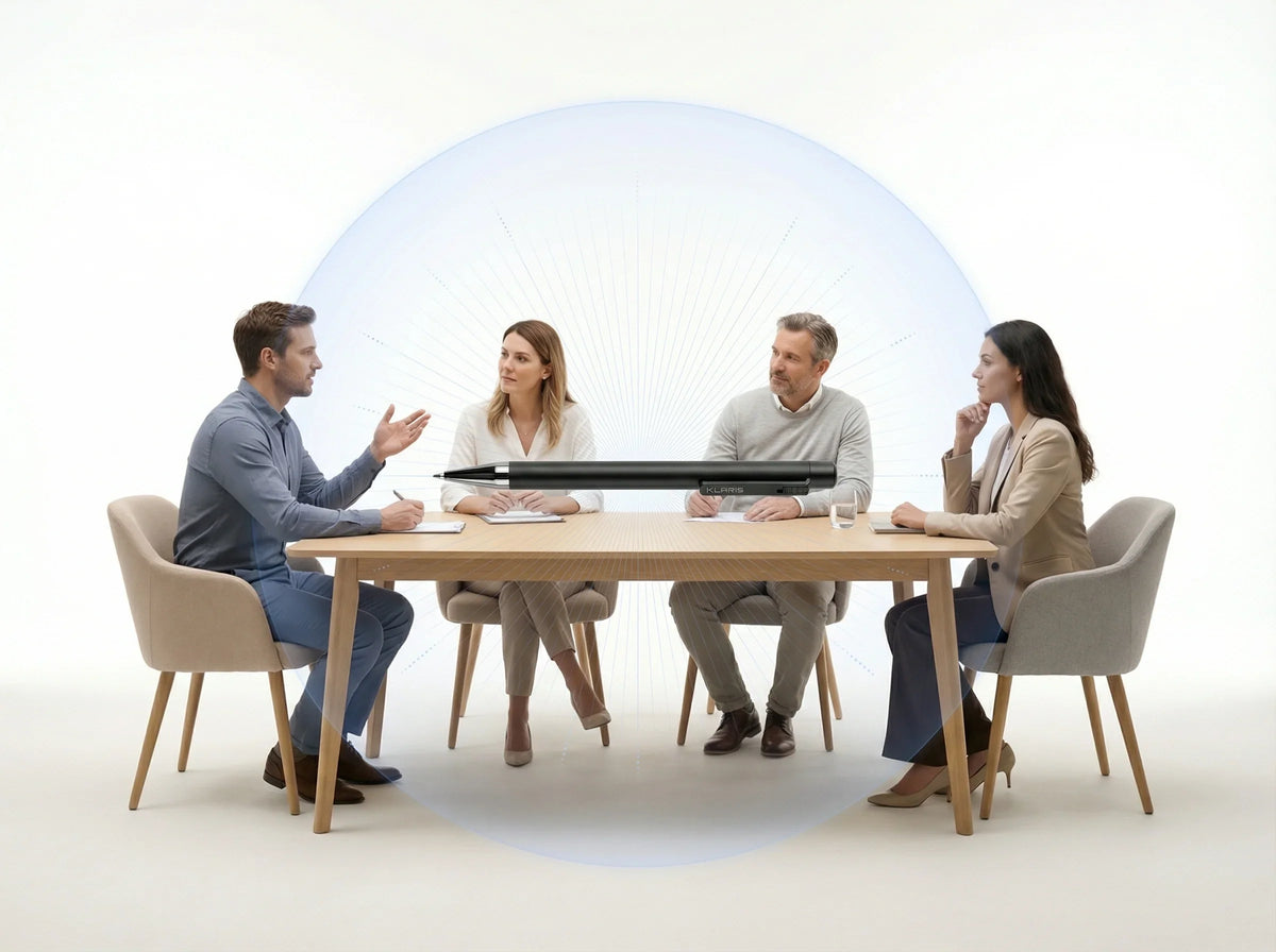 Smart AI note-taking pen on conference table with four people in a business meeting