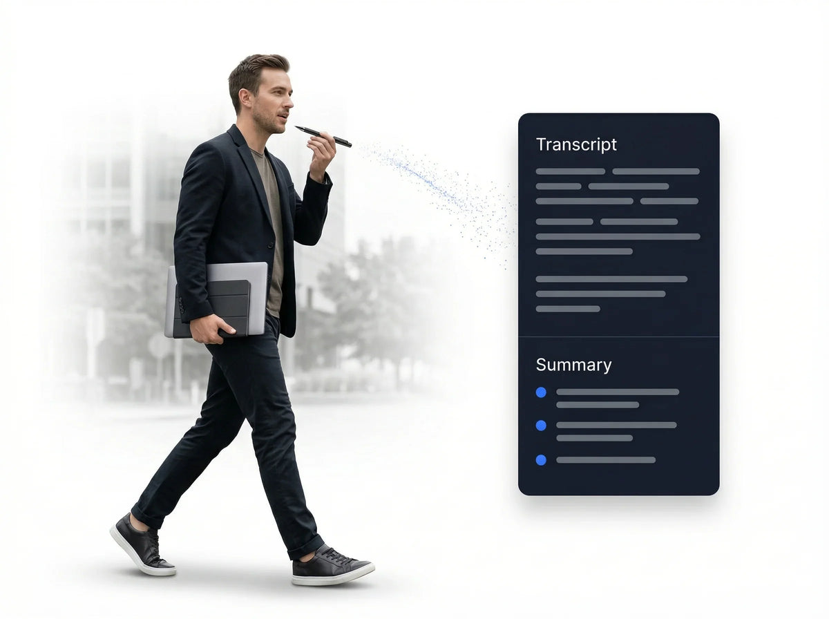 Person using smart AI note-taking pen, digital transcript and summary interface shown.