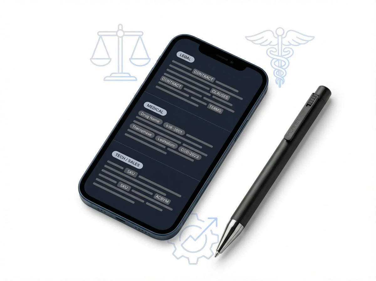 Smart AI note-taking pen KlarisPen  next to smartphone displaying categorized notes on white background