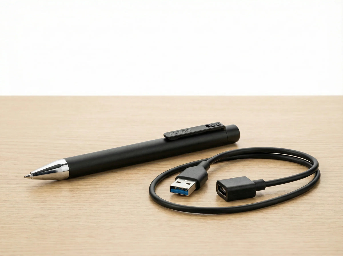 Smart AI note-taking pen with USB cable on a wooden surface