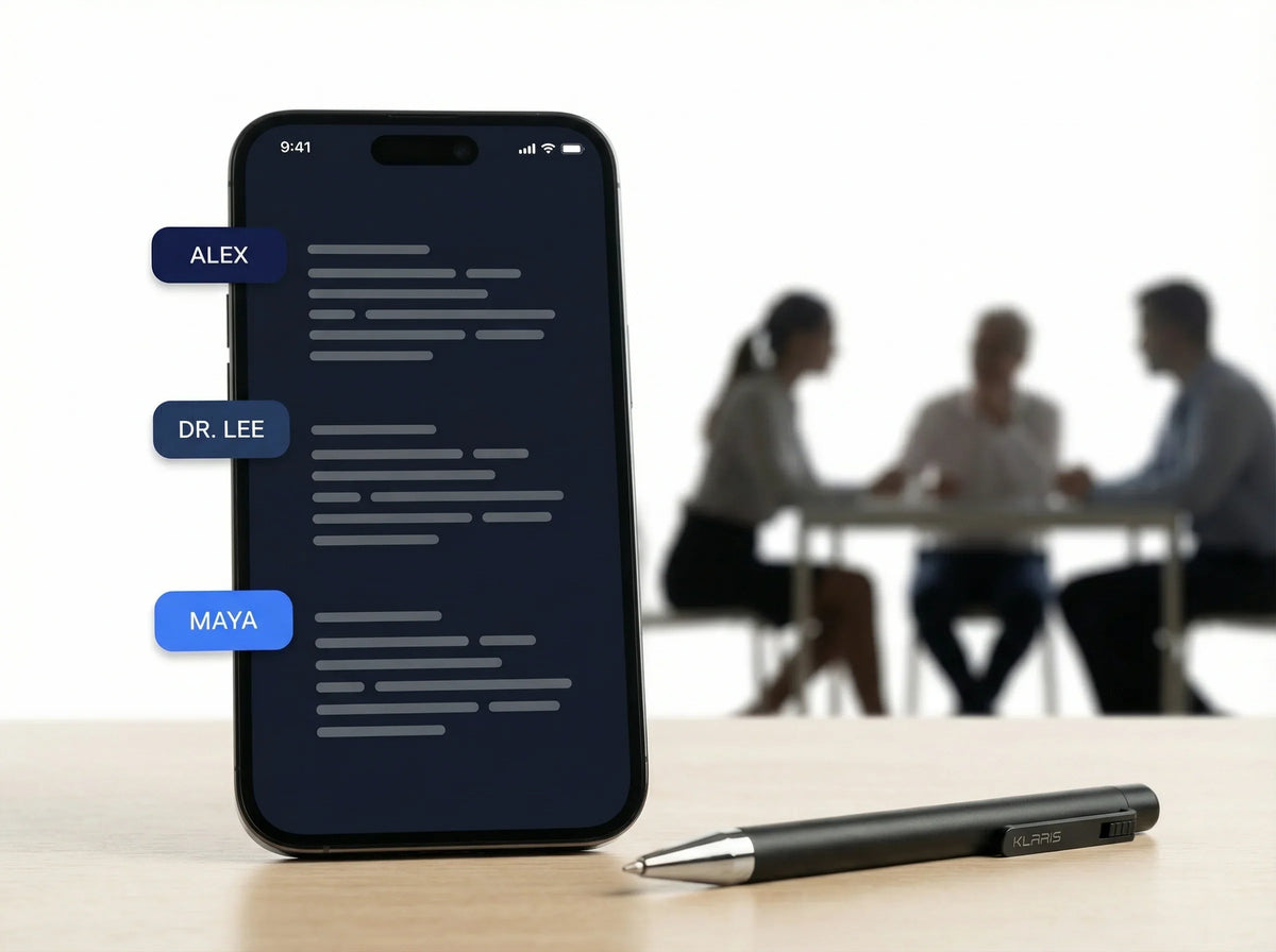 Smart AI note-taking pen and smartphone showing meeting transcription, with a group in background