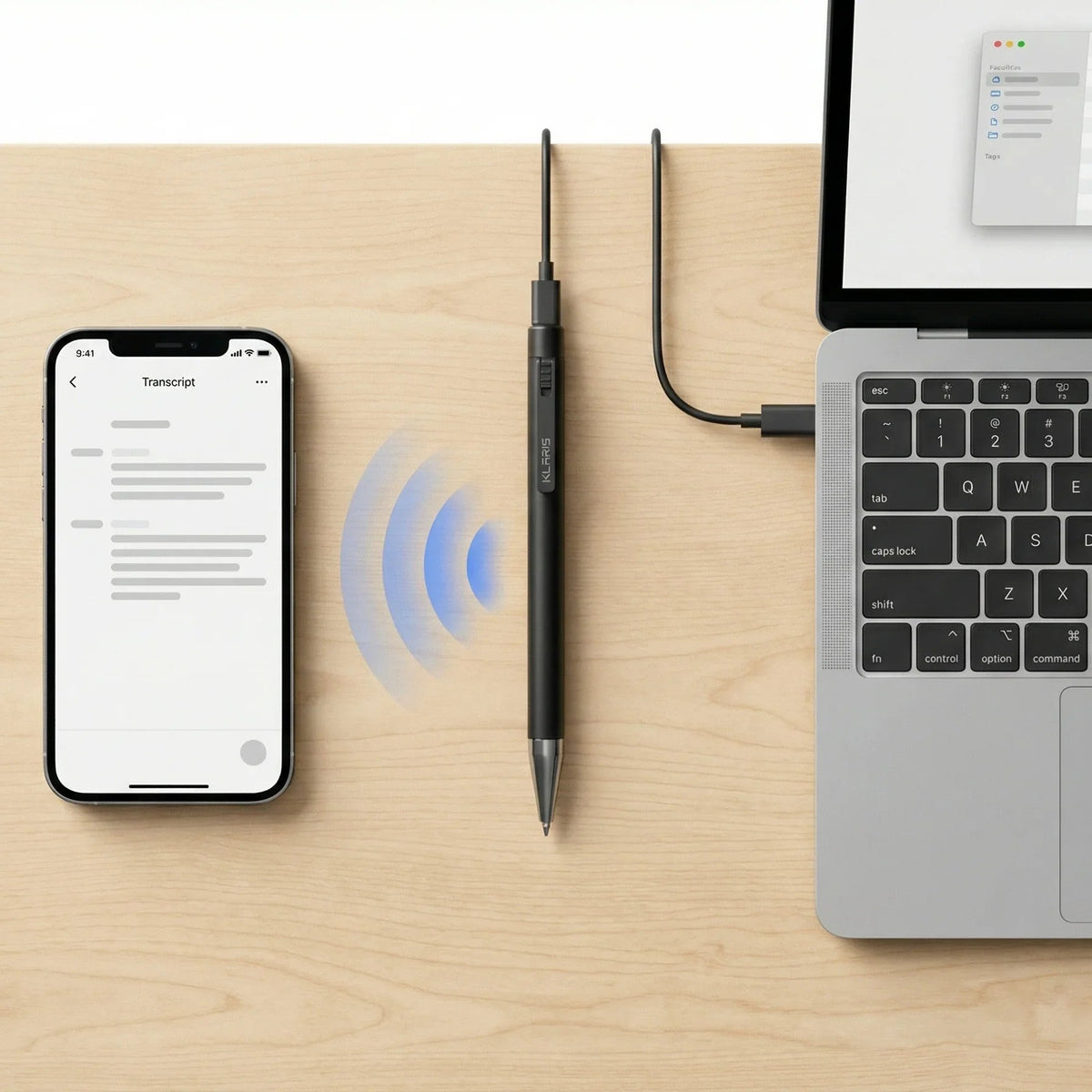 Smart AI note-taking pen transferring meeting notes to smartphone and laptop
