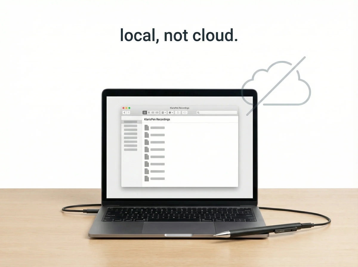 Smart AI note-taking pen connected to a laptop for local offline data transfer