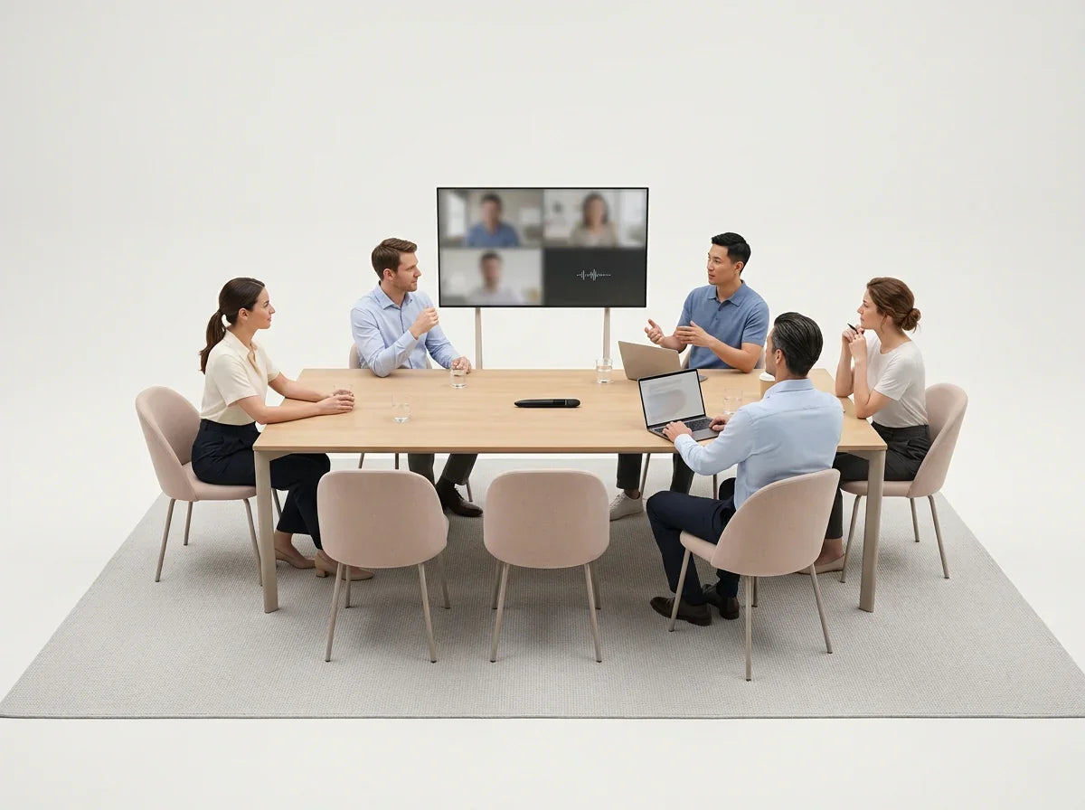 Team in modern meeting using smart AI note-taking pen with laptops and video conference screen