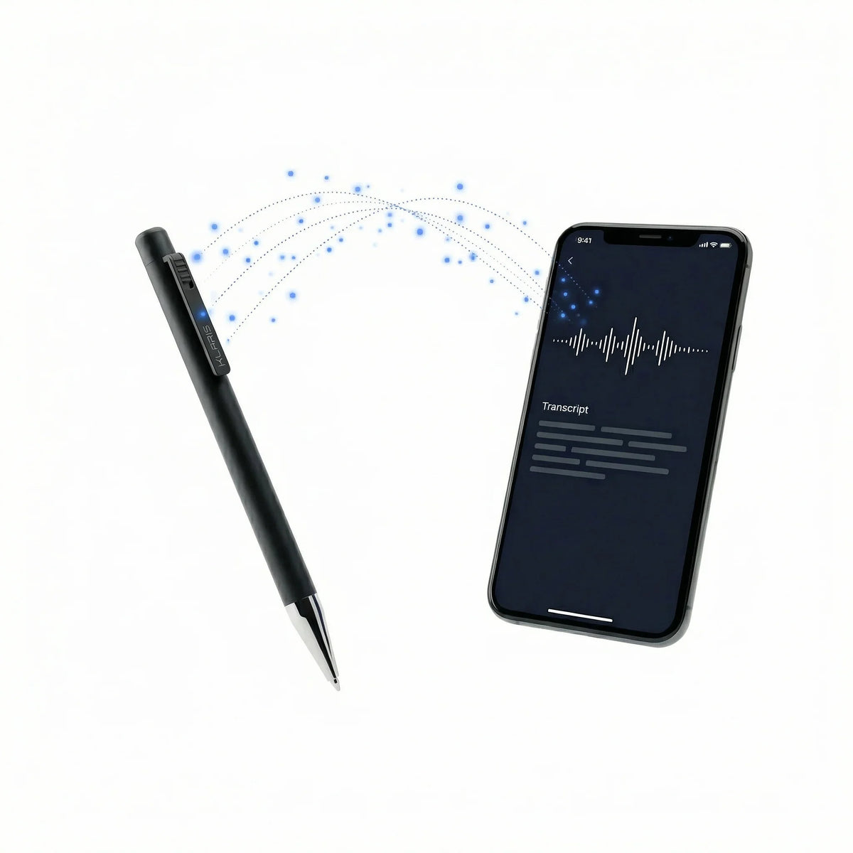 Smart AI note-taking pen syncing handwritten notes to a smartphone transcription app