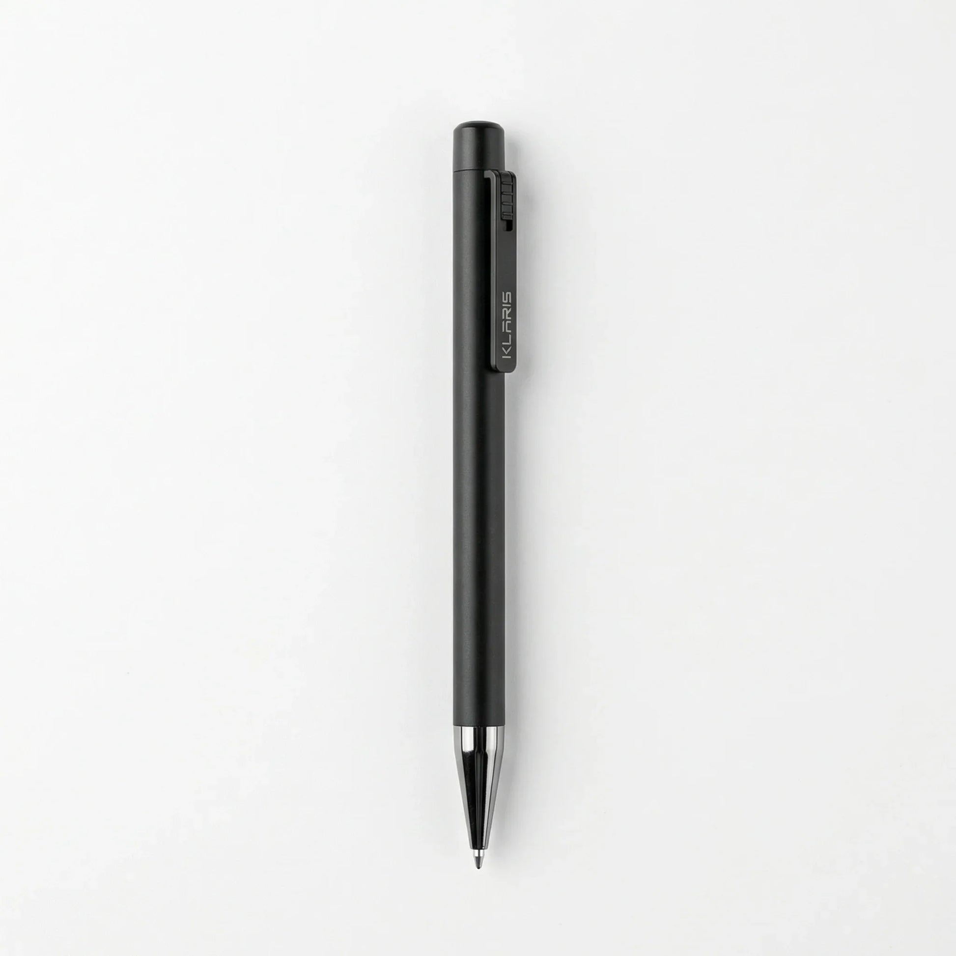 Sleek black smart AI note-taking pen with metal tip and clip on white background KlarisPen