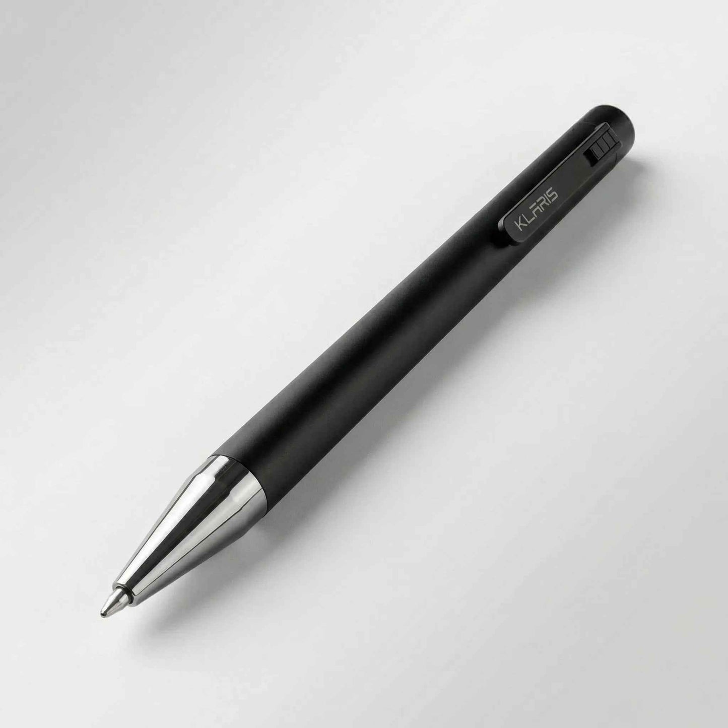 Sleek black smart AI note-taking pen with metal tip on a white background KlarisPen