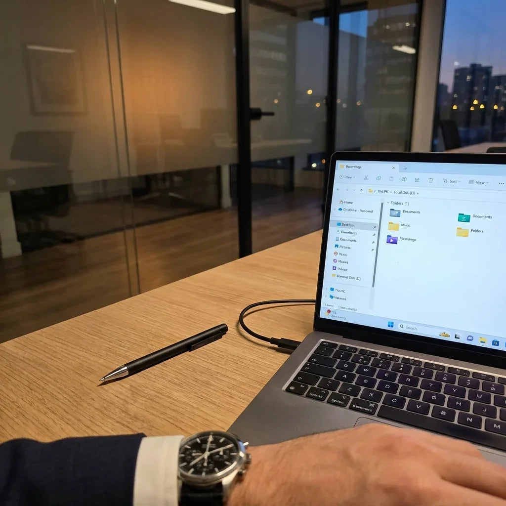 Smart AI note-taking pen next to a laptop transferring meeting recordings in an office setting