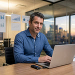 Man using smart AI note-taking pen connected to laptop in modern office