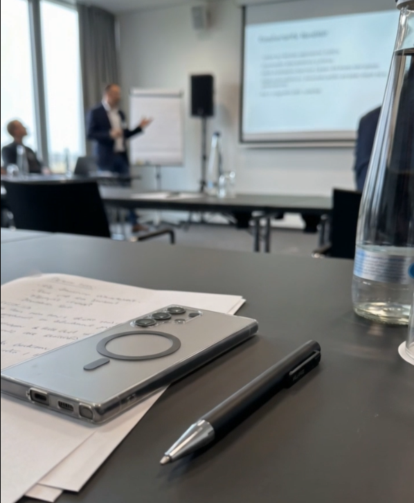 Close-up of a smartphone, pen, and handwritten notes on a table in a meeting room with a blurred presenter and projection screen in the background.