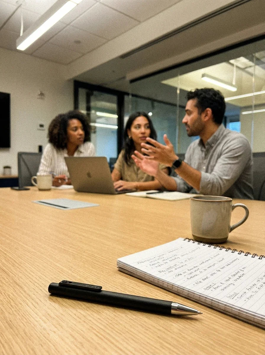Smart AI note-taking pen on meeting table with notebook, team discussing in background