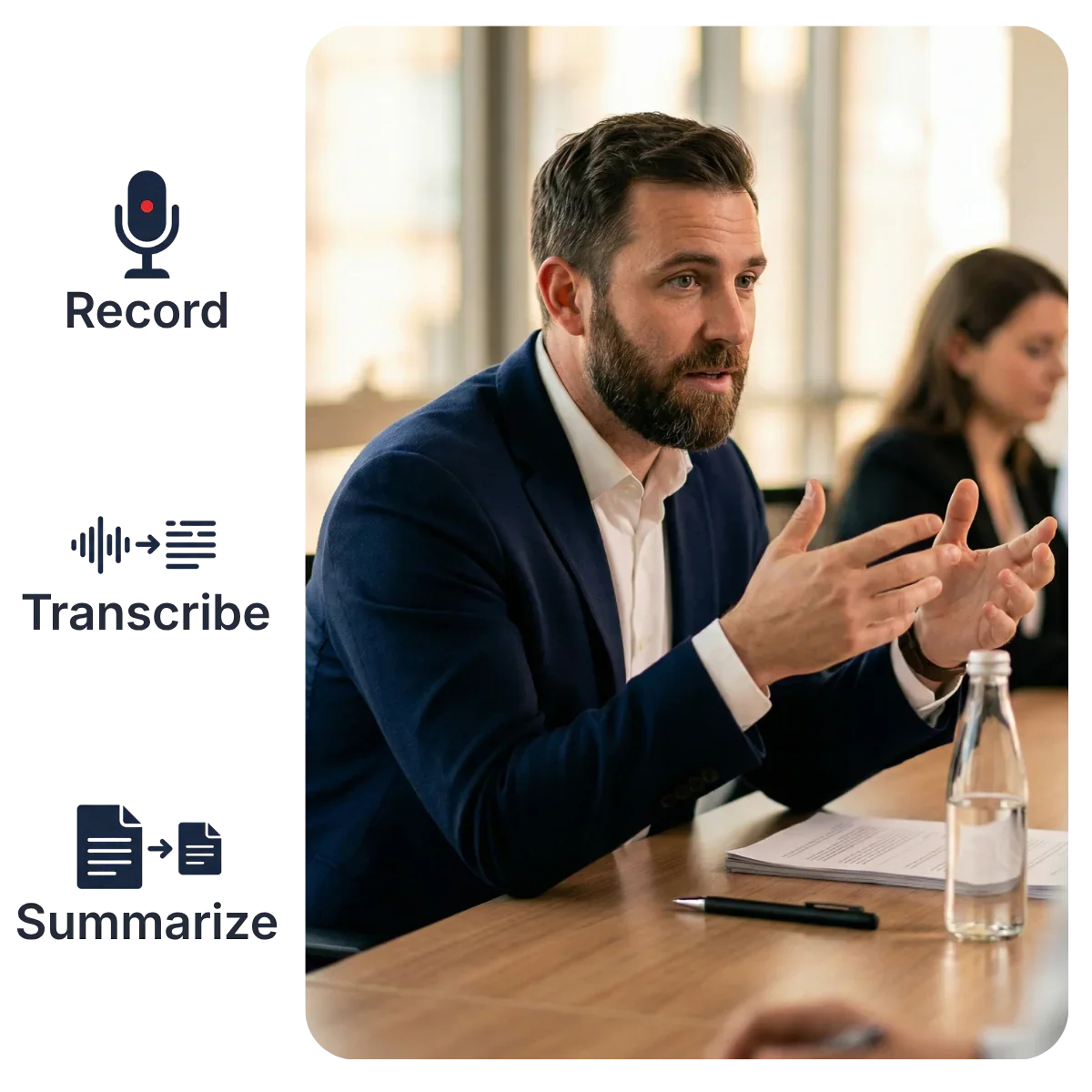 Man in business meeting with smart AI note-taking pen, showcasing recording, transcription, and summarization features. KlarisPen