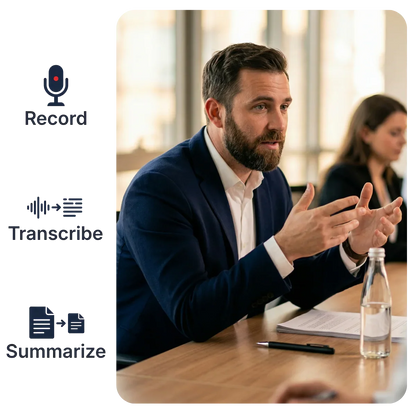 Man in business meeting with smart AI note-taking pen, showcasing recording, transcription, and summarization features. KlarisPen
