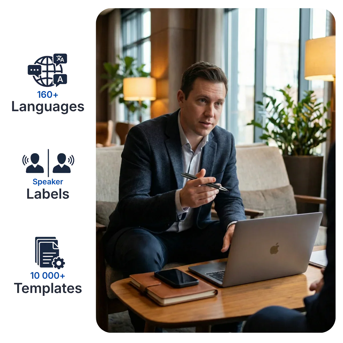 Business professional using smart AI note-taking pen in meeting, laptop and notebooks on table KlarisPen
