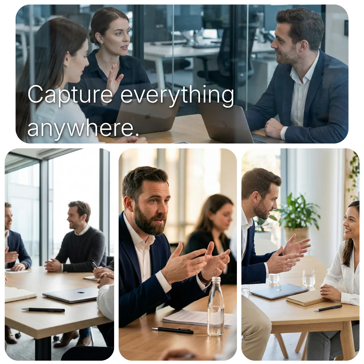 Professionals in meetings using smart AI note-taking pen on desks KlarisPen
