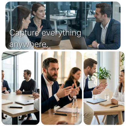 Professionals in meetings using smart AI note-taking pen on desks KlarisPen