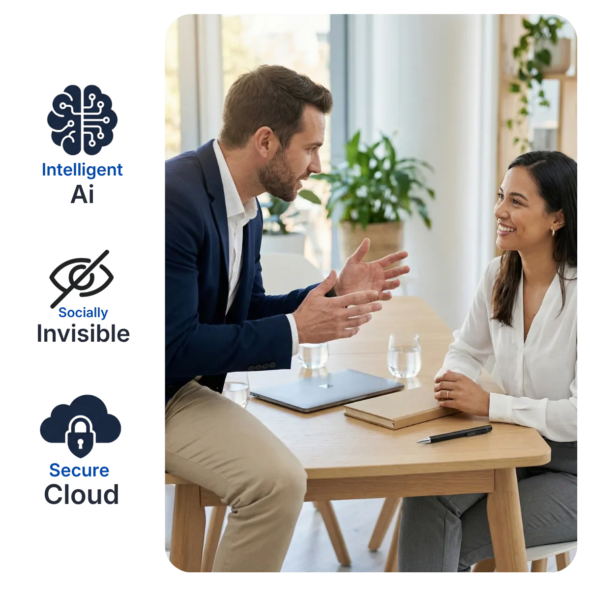 Two professionals discuss at a table with a smart AI note-taking pen and notebooks, highlighting intelligent AI, privacy, and secure cloud features. KlarisPen