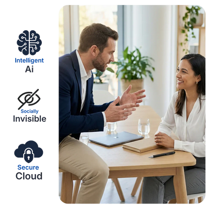 Two professionals discuss at a table with a smart AI note-taking pen and notebooks, highlighting intelligent AI, privacy, and secure cloud features. KlarisPen