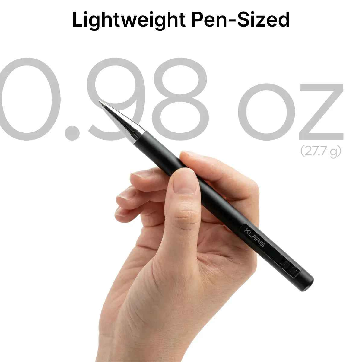 Hand holding lightweight smart AI note-taking pen, black, 0.98 oz, pen-sized design KlarisPen
