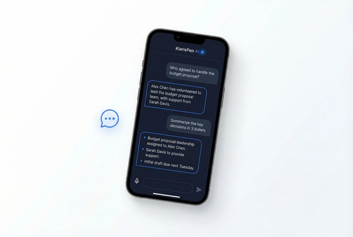 Smart AI note-taking pen app interface displayed on a smartphone with chat bubbles.