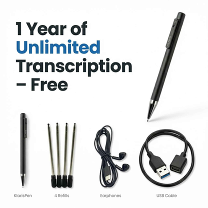 AI smart note-taking pen kit with refills, earphones, USB cable, and unlimited transcription offer KlarisPen