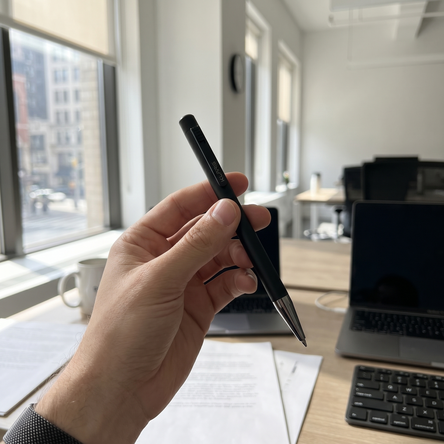 Hand holding a black KlarisPen Ai Note-Taking Device in an office setting with papers, laptops, and a keyboard on a wooden desk near large windows.