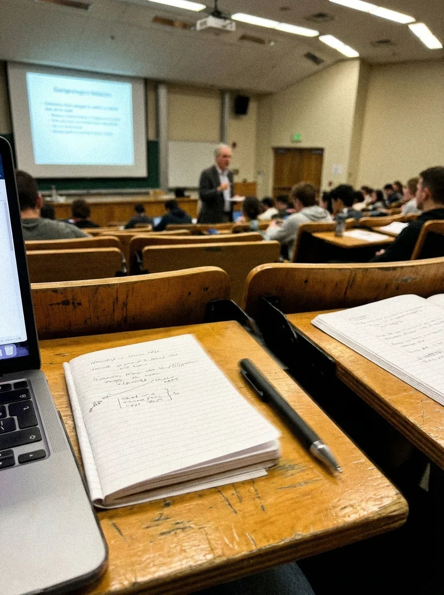 Smart AI note-taking pen on a desk in a busy lecture hall with notebook and laptop